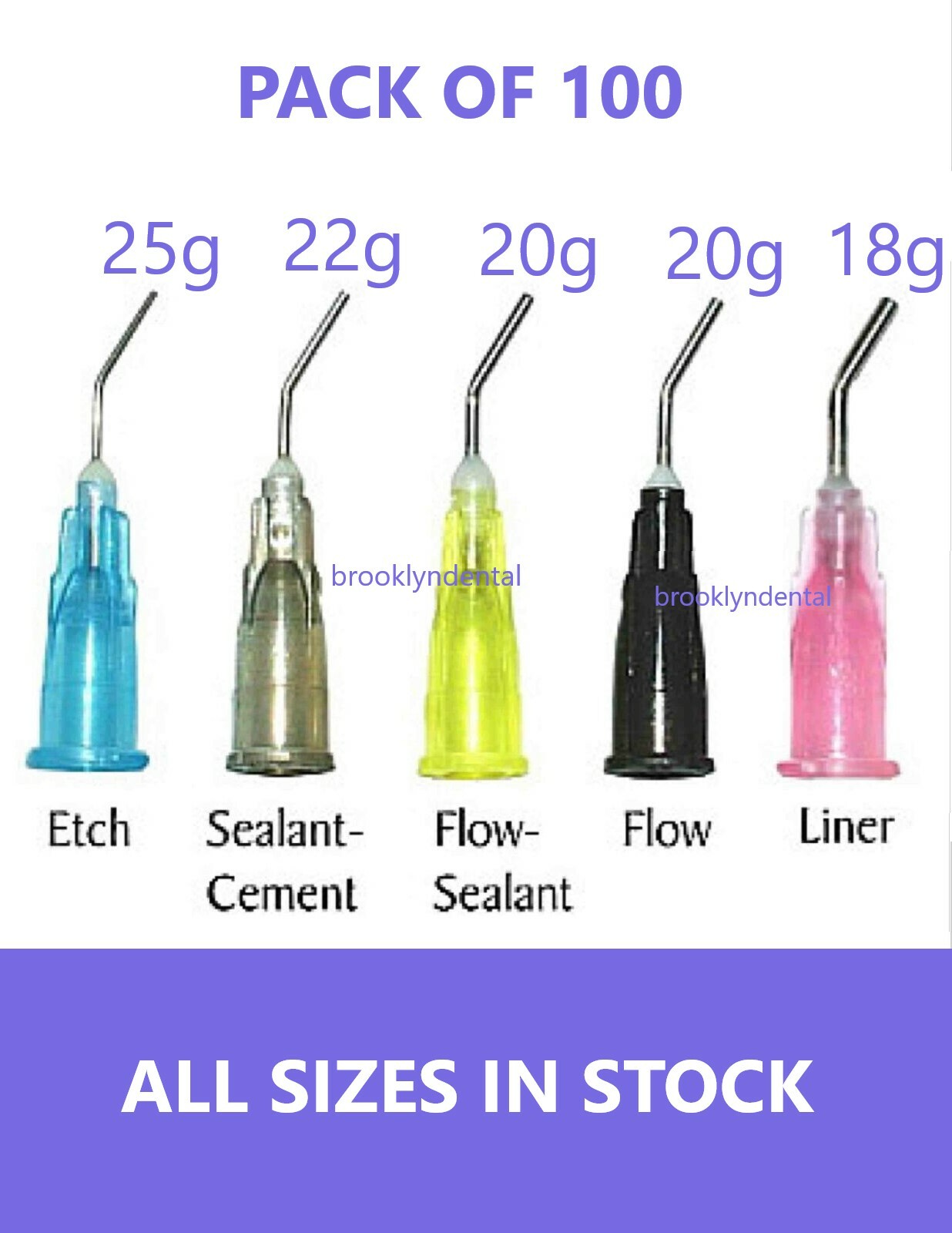 Dental Pre Bent Needle Tips 25 Ga./Blue Etch, Flow Sealant, Liner Pink – 100 Pk
