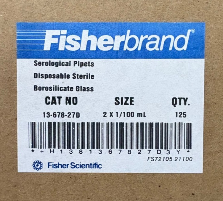 Fisherbrand 13-678-27D Borosilicate Glass Serological Pipets 2 x 1/100ml LOT 342