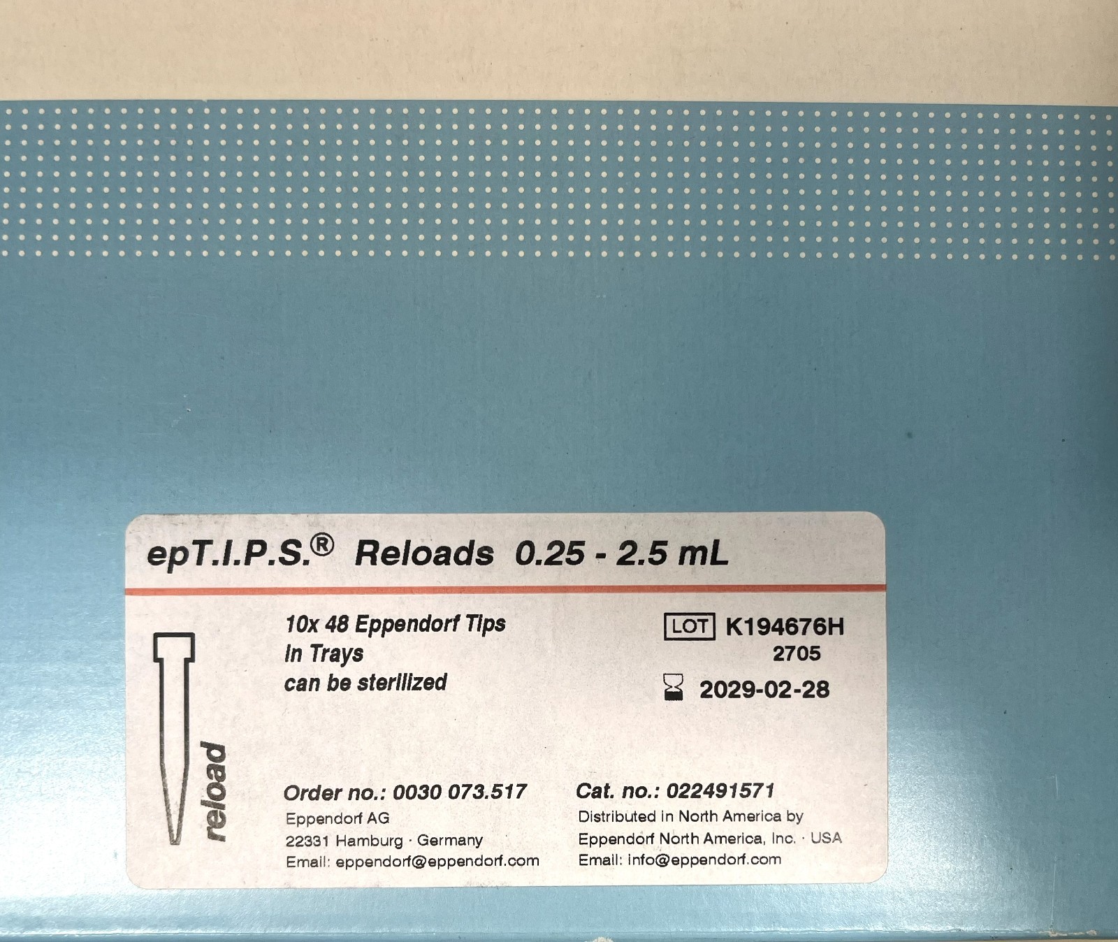 EPPENDORF epTIPS 2.5mL Reloads Refill Pipet Tips 10x 48 Tip/Rk 022491571