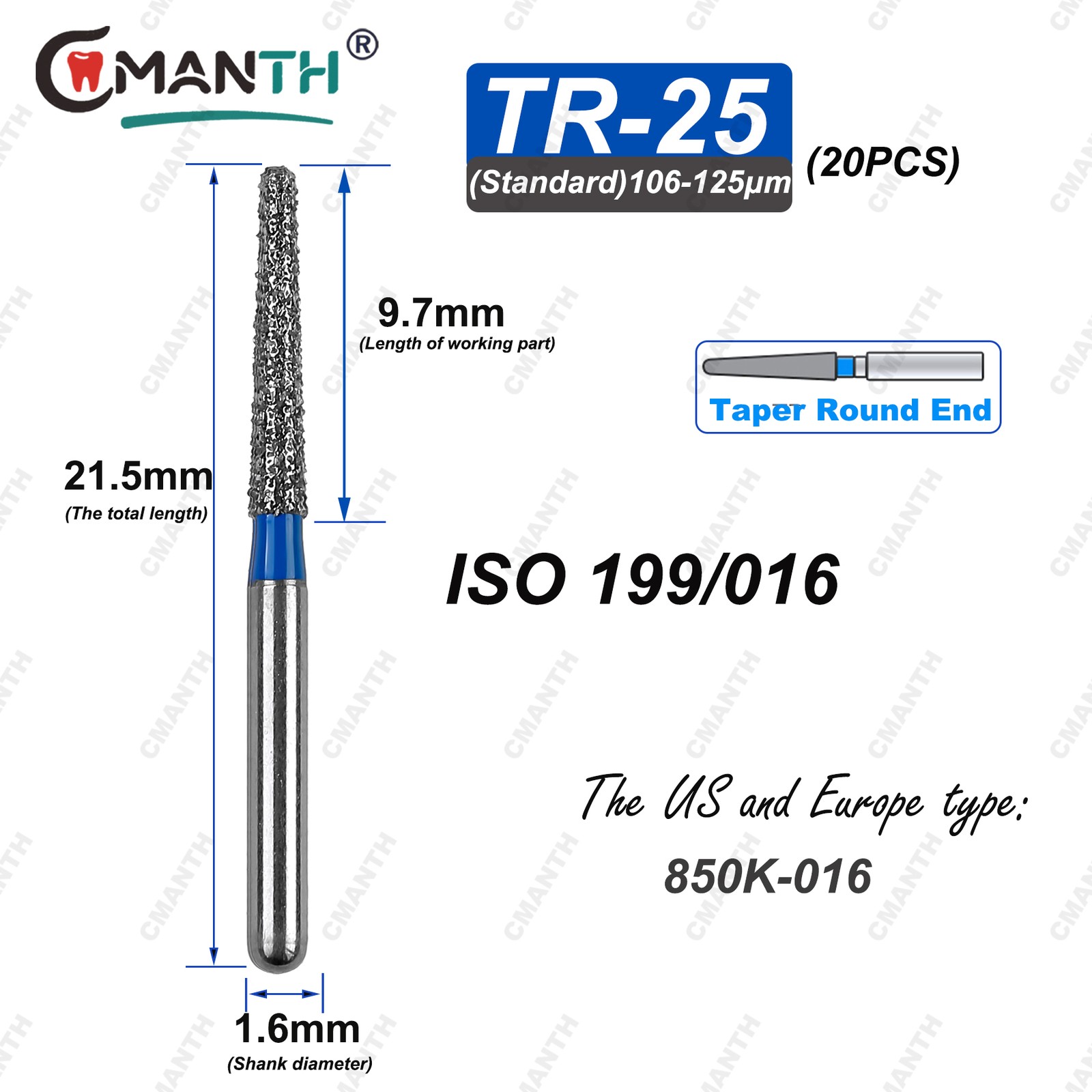 TR Type Dental Diamond Burs Fit High Speed Handpiece 1.6mm Drills 20pcs