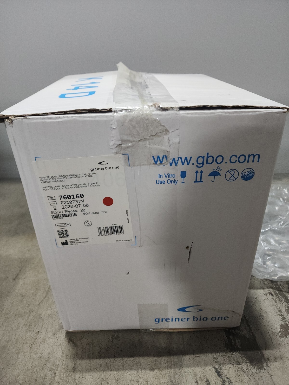 200 Pack Greiner Bio-One 760160 25 ML Pipette Graduated 2/10ML EXP 2026/07