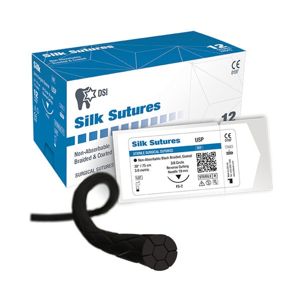Silk Non-Absorbable Sutures, 1/2″ Reverse Cutting, X-1, 3/0, 12/Box, 18″