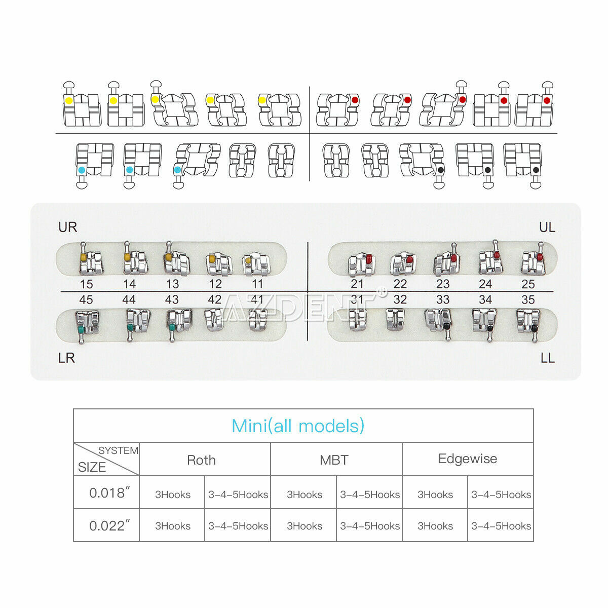 10packs AZDENT Dental Braces Brackets Mini/Standard MBT/Roth 022/018 Hooks 3 4 5