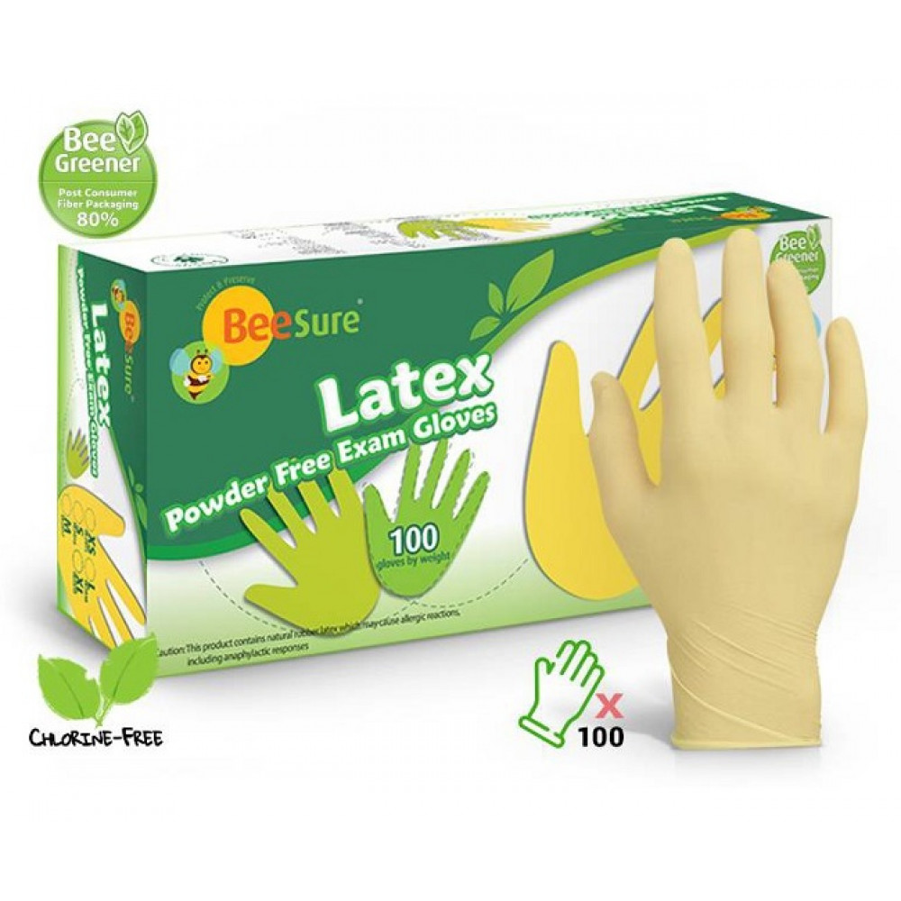 BeeSure Latex Exam Gloves: X-Small, White, Non-Sterile, 100/Box, Powder-Free