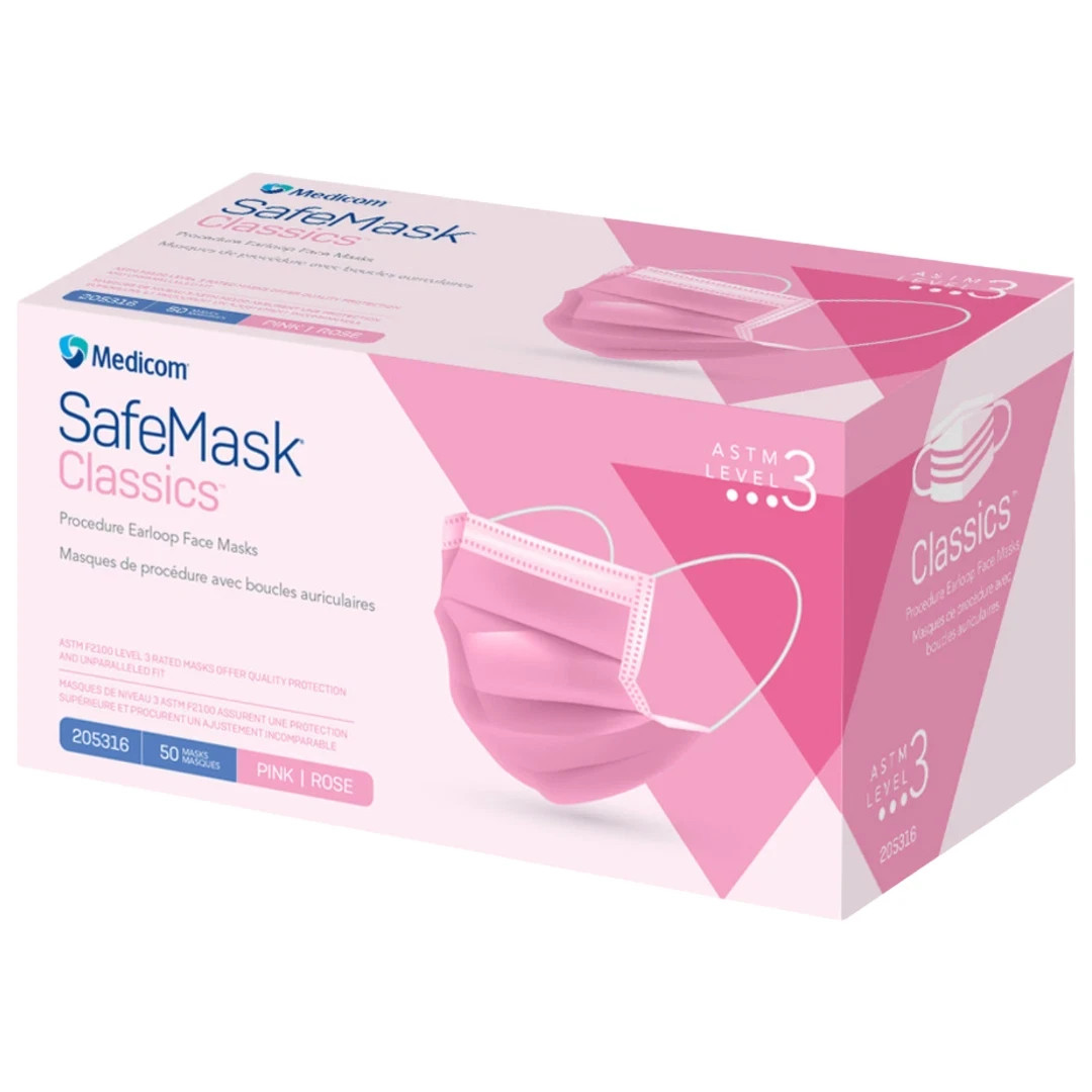 Medicom SafeMask FreeFlow Pink Level 3 ASTM Dental Surgical Face Masks 500/Box