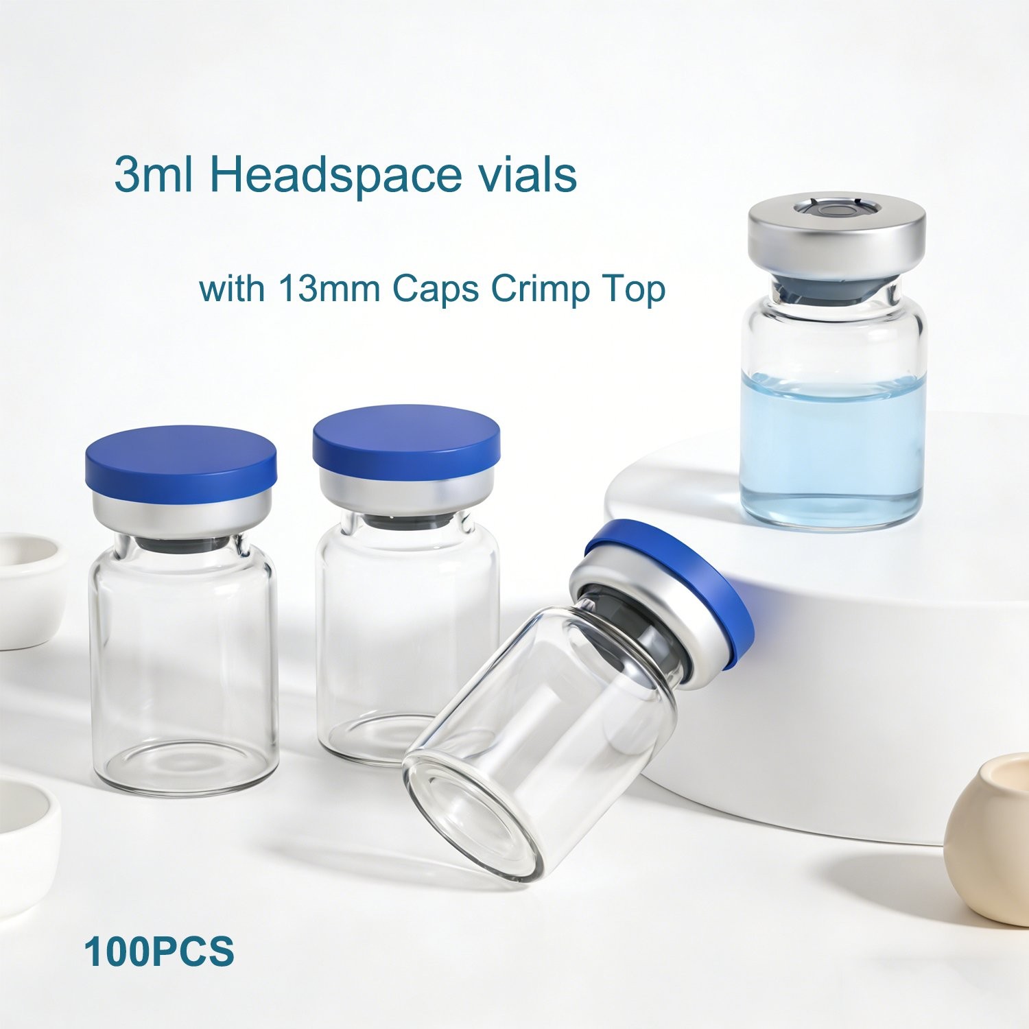 100PCS 3ml Glass Vials Headspace Vials Clear Lab Vials w/ Caps 13mm Crimp Top