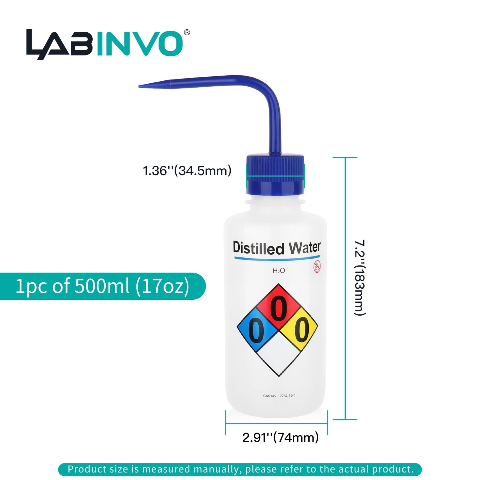 Distilled Water Wash Bottles, 1 PC of Vol.500ml (17oz), Narrow Mouth, Self-Venti