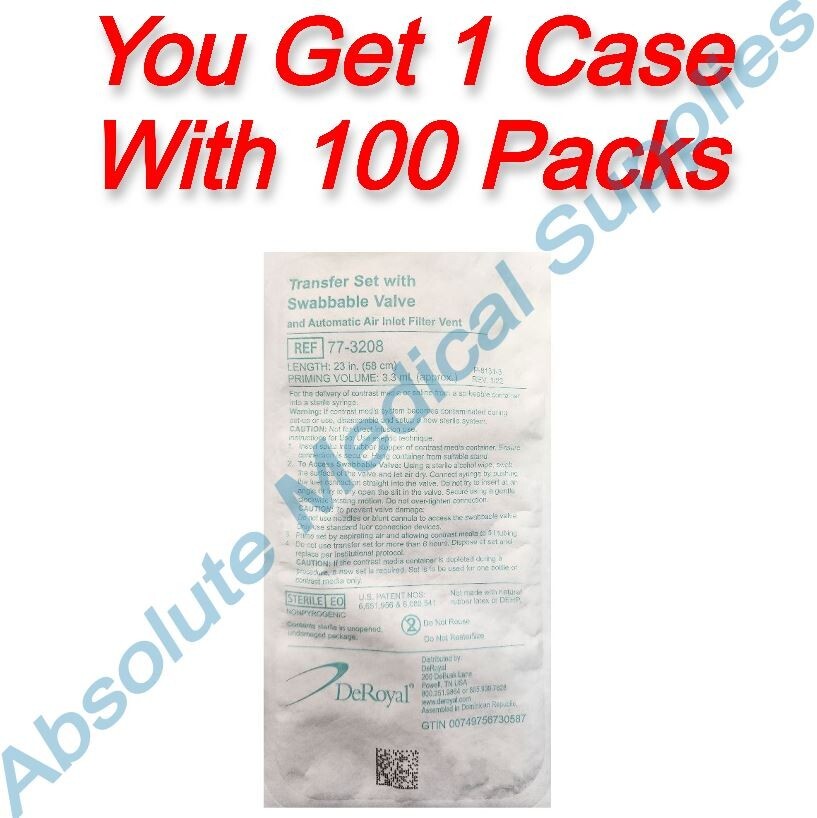 *100-Packs* DeRoyal CT Transfer Set With Swabbable Valve Sterile 77-3208