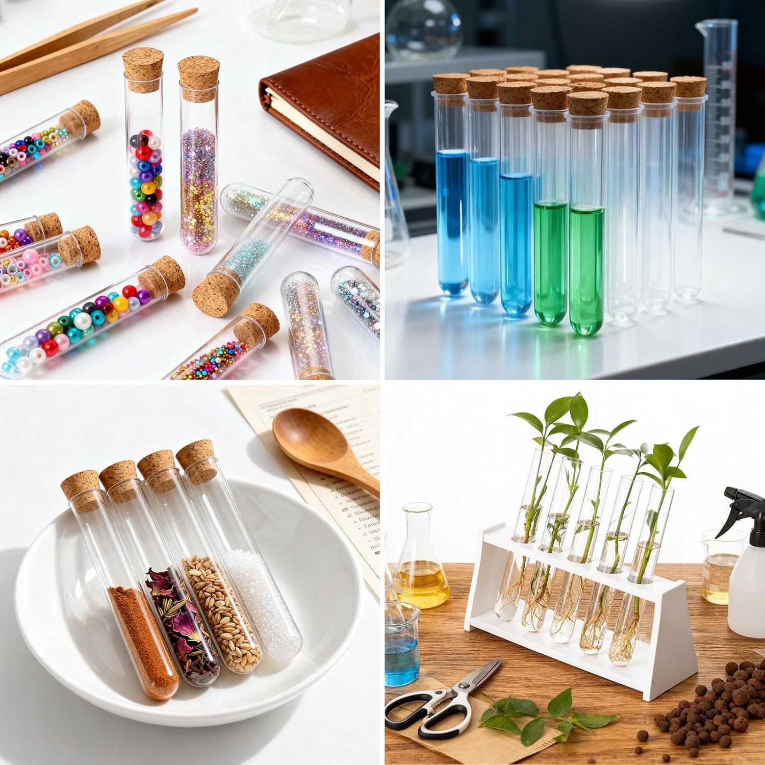 15Pcs Clear Plastic Test Tubes with Cork Stoppers 15x100mm 10ml – Transparent