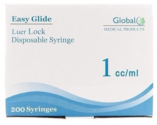Easy Glide 1ml 1cc Sterile Syringe Luer Lock Tip, No Needle, Pack of 200