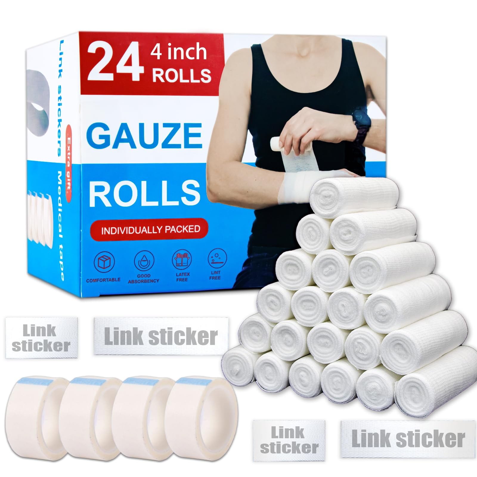 KIWAEZS 24 Pack Gauze Rolls Bandages 4 ” x 4.1 yd Premium Quality of 24