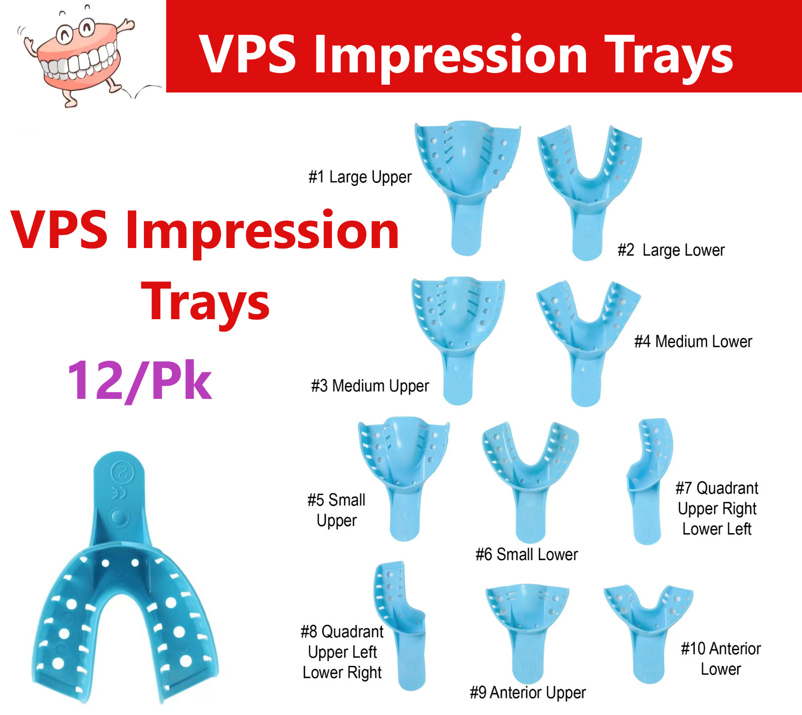 Dental Impression Trays Small Large Upper Lower Anterior (CHOOSE SIZE) 12/Bag