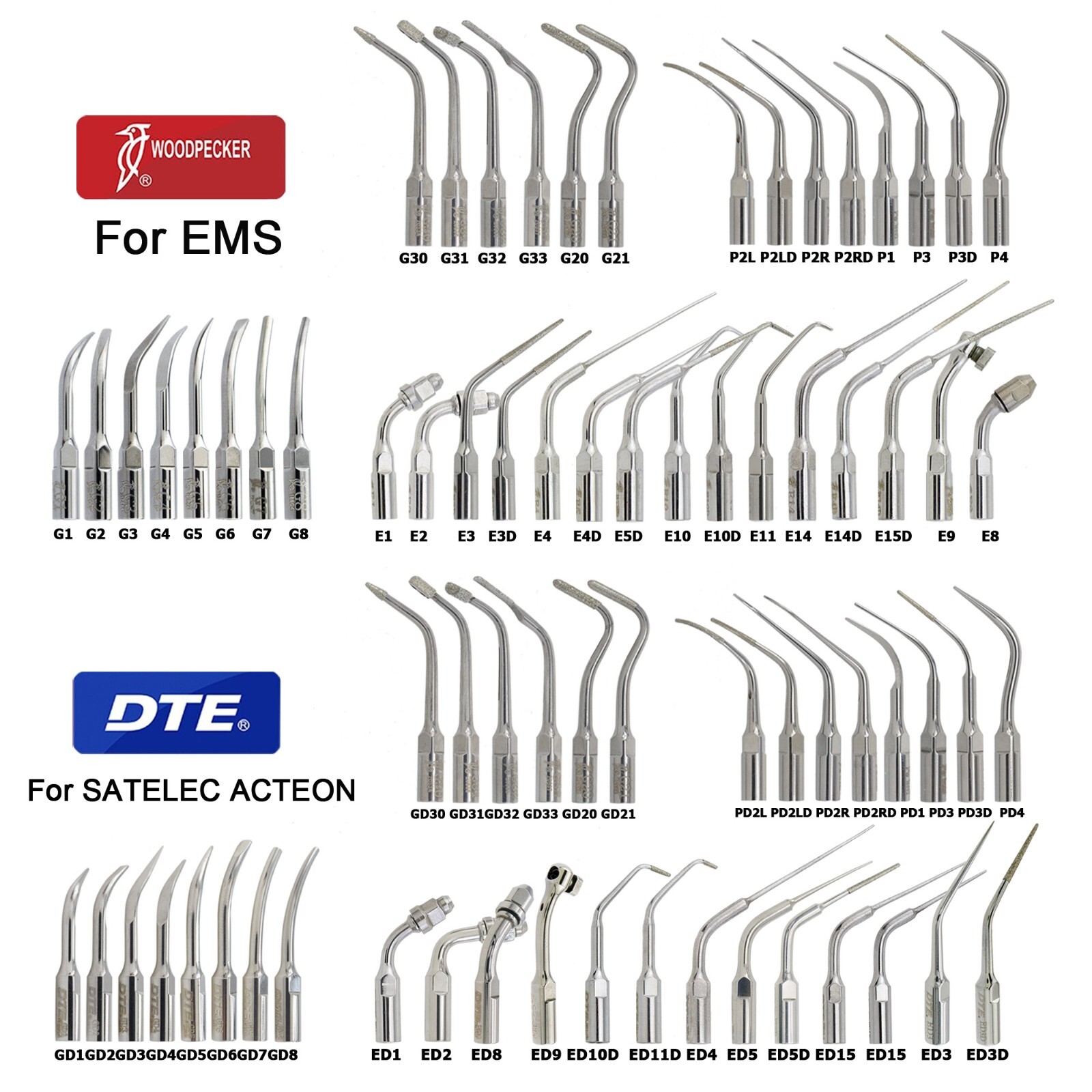 Woodpecker Dental Ultrasonic Piezo Scaler Tip Endo Perio DTE SATELEC EMS G1 P1 E