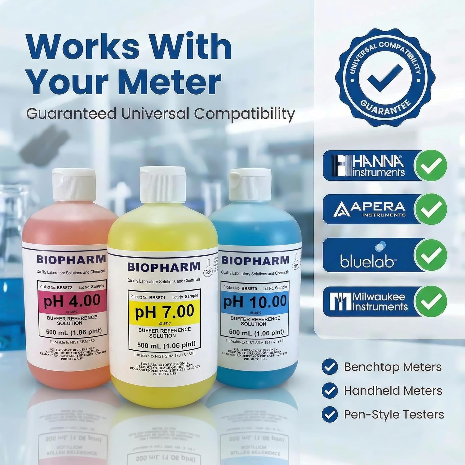 Biopharm Ph Calibration Buffer 3-Pack, 250 Ml (8.4 Fl Oz) Each: Ph 4.00, Ph 7.00