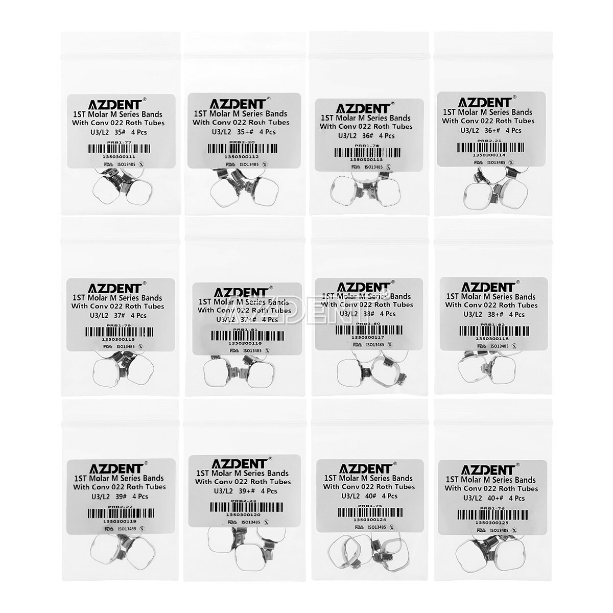 4 Pcs AZDENT Dental Orthodontic Bands&Buccal Tube 1st Molar Roth.022 Convertible