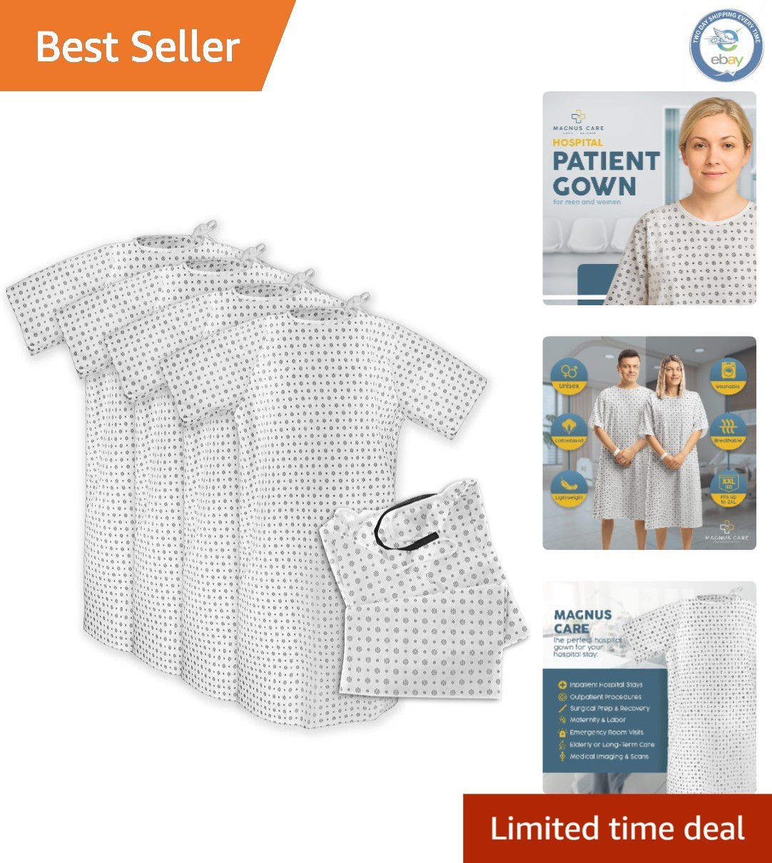 Soft Long Sleeve Unisex Hospital Gowns – 4 Pack in Cotton Blend, All Sizes