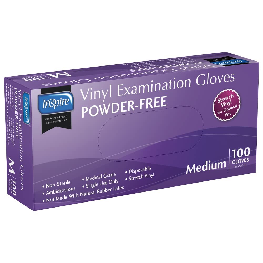 Inspire Exam Grade Powder & Latex Free Stretch Vinyl Gloves, Medium, White