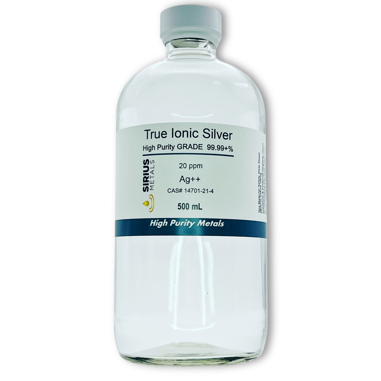 True Free Silver Ions (Ag++): 20 ppm, 99.99+% Purity – 500 mL in Glass
