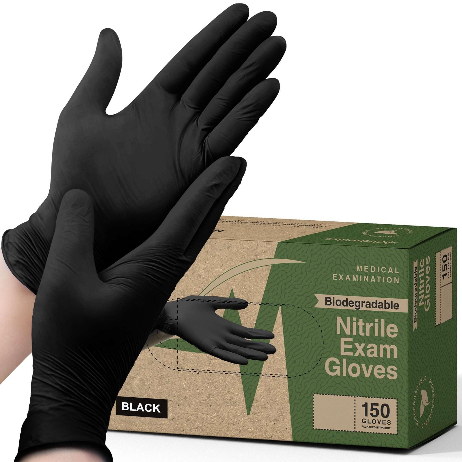 150 Count Biodegradable Black Nitrile Disposable Gloves – Medical & Food Safe, L