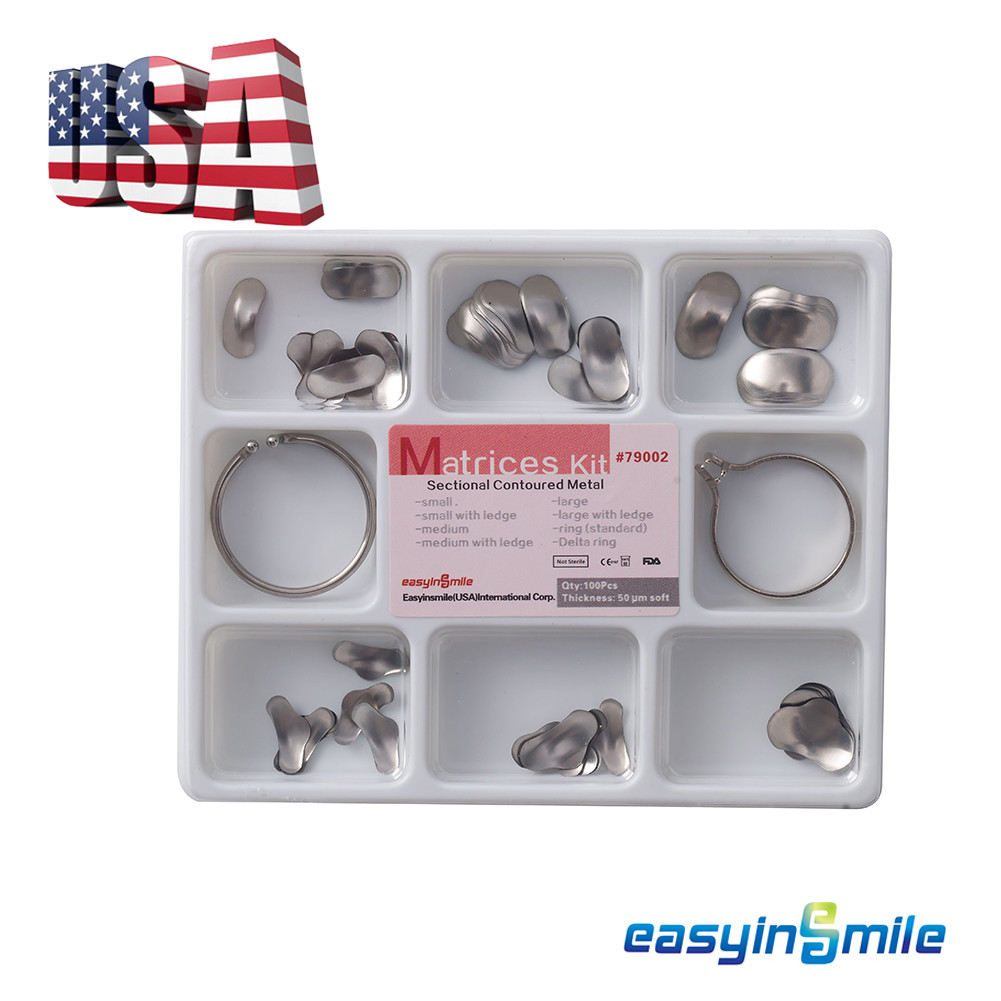 [USA]100Pcs Dental Sectional Contoured Metal Matrices Matrix Kit & 2 Ring Delta