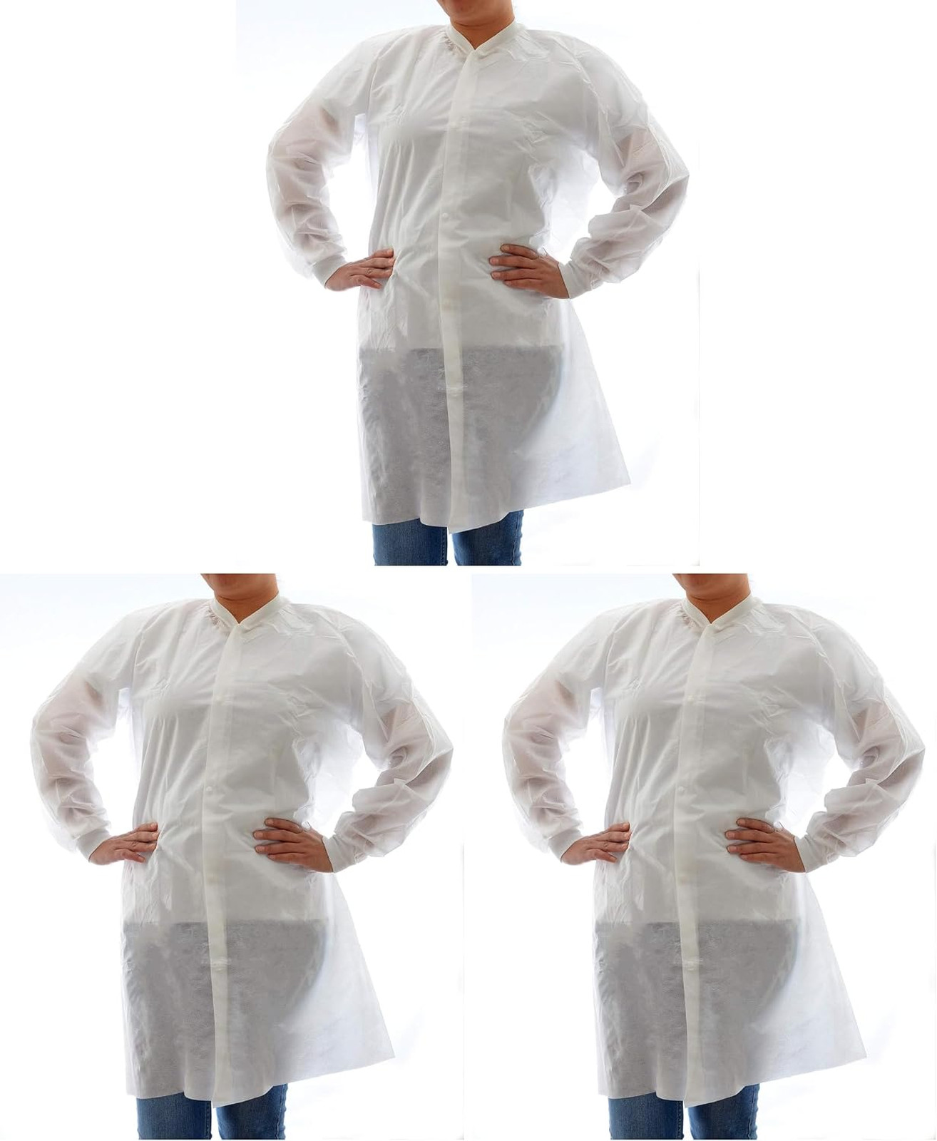 Disposable Lab Coat White, No Pockets, 3 Layer Nonwoven Fabric, Tear Resistant