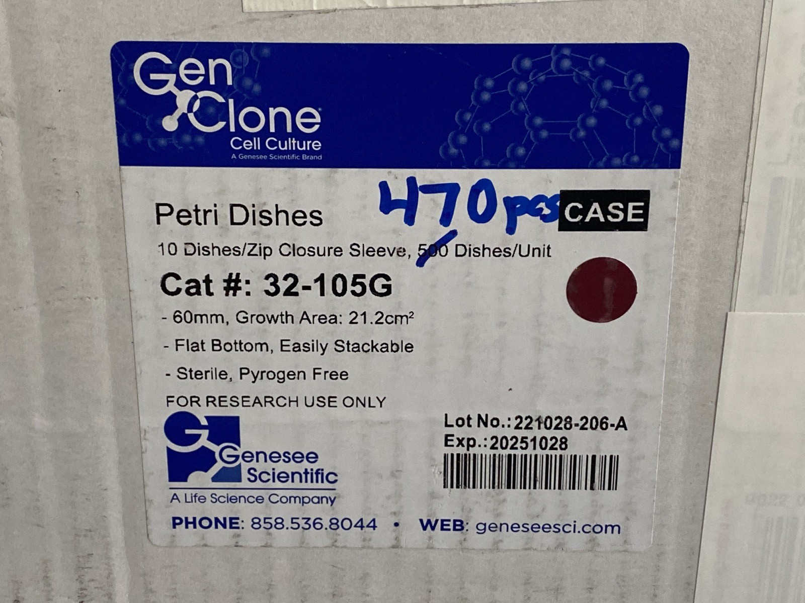 (470) GENESEE GenClone 60mm PS Cell Culture Petri Dishes w/Gripping Ring 32-105G
