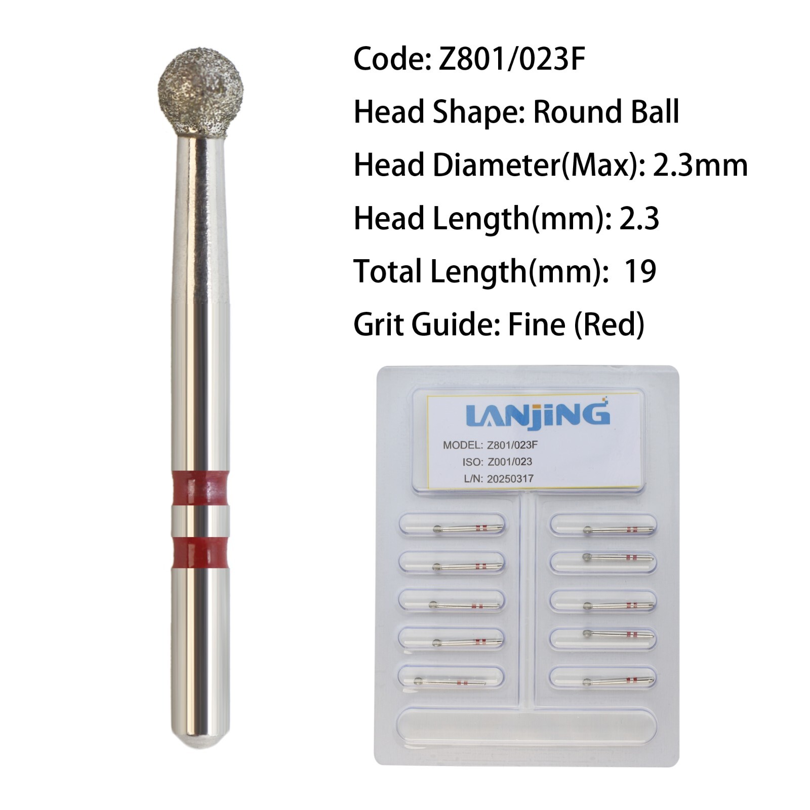 Zirconia Adjustment Diamond Burs Round Ball Fine Grit Z801/023F High Speed FG