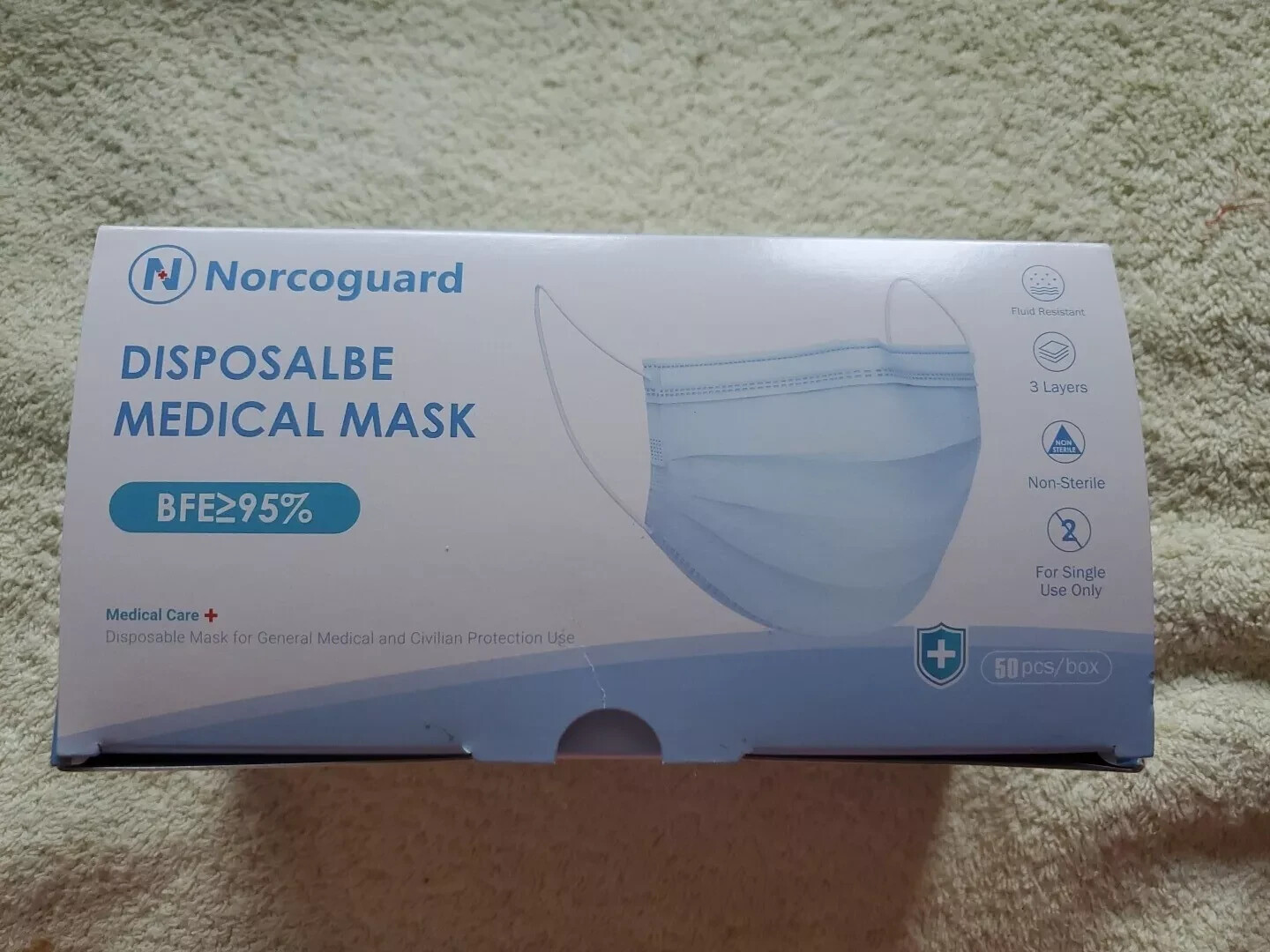 Norcoguard Earloop Face Medical Mask – Lot of 2 Boxes – Total 100 masks NEW