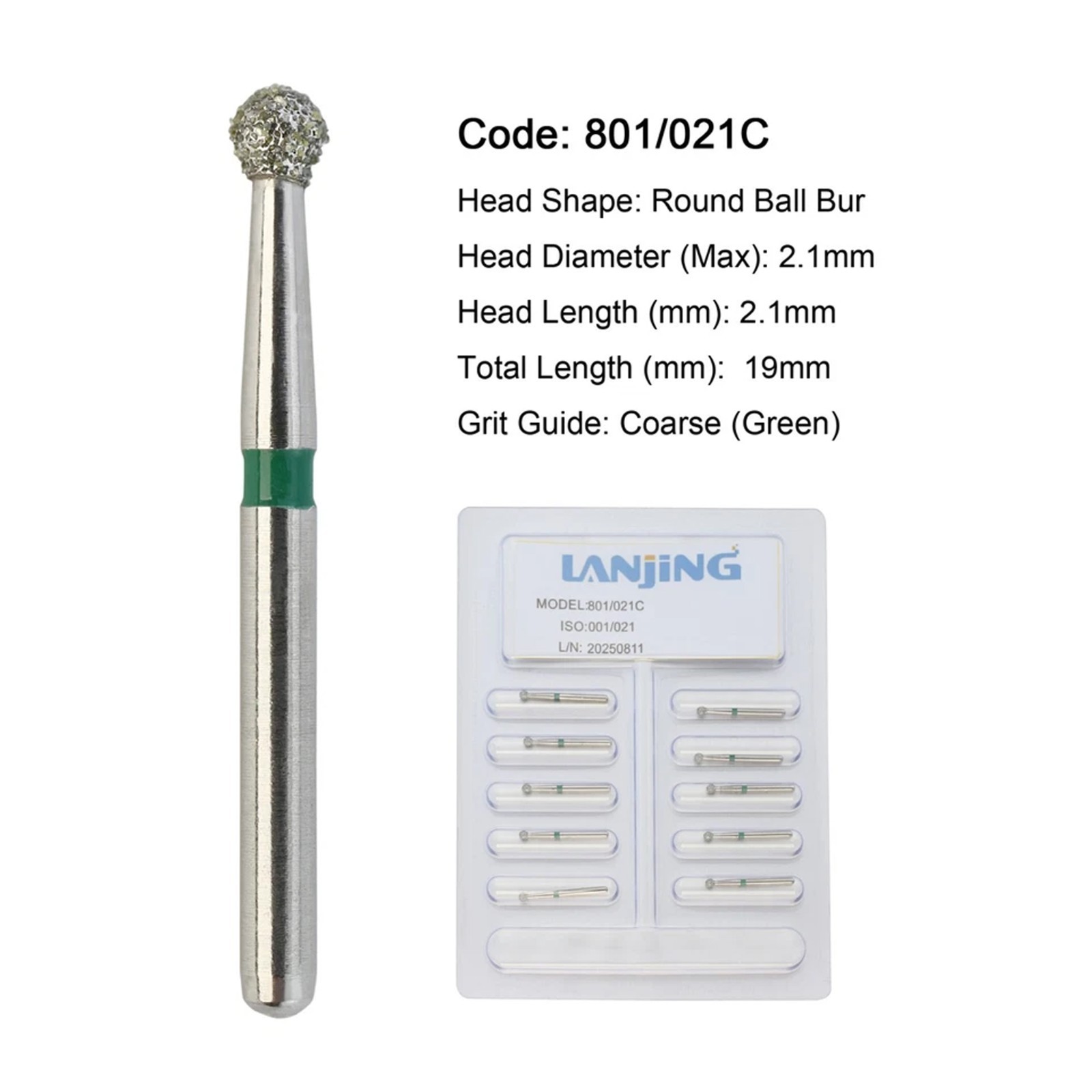 Dental Diamond Burs Round Ball Bur FG 801/021C Coarse Grit Green for High Speed