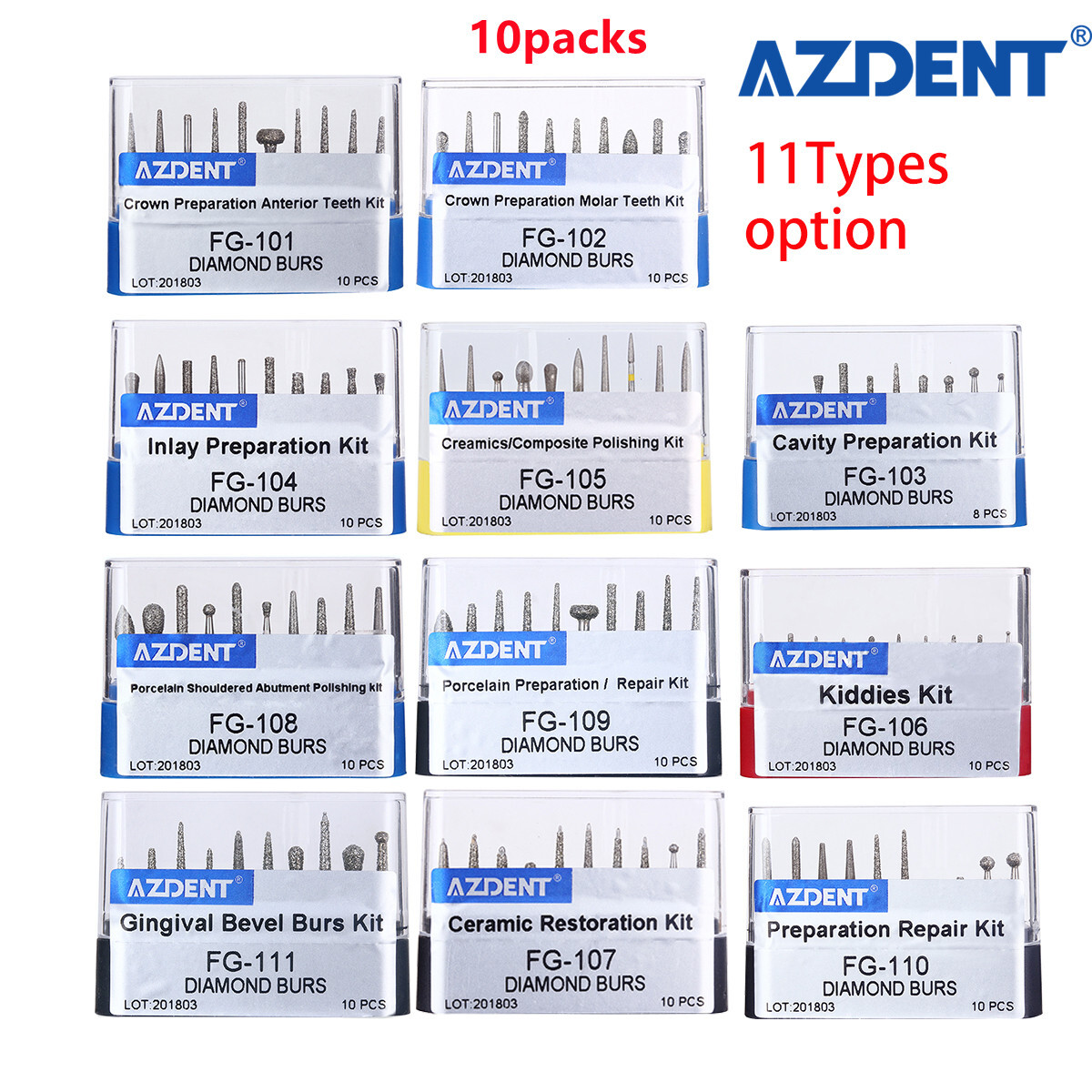 10 Packs AZDENT Dental Diamond Grit Bur Kit FG (Friction Grip) Fit High Speed