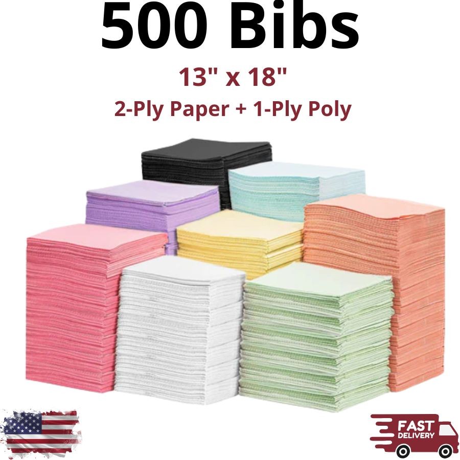 500pcs Dental Patient Bibs 13×18 Waterproof 2Ply Polyback Plain Rectangle Towels