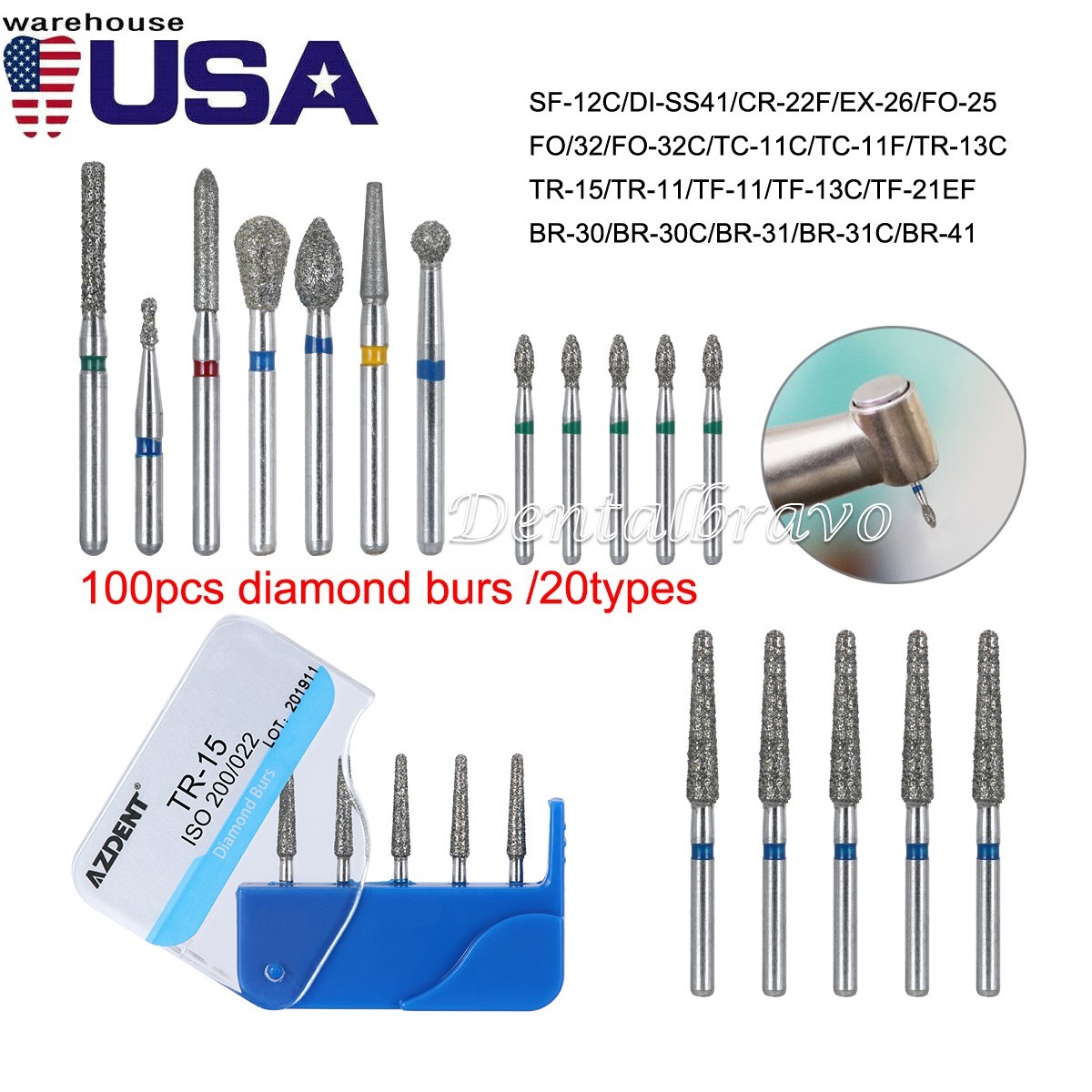 100pcs AZDENT Dental Diamond Burs Kit for High Speed Handpiece Medium FG 1.6MM