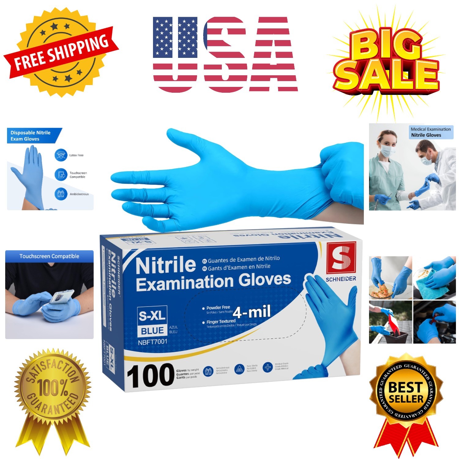 Nitrile Exam Gloves, Blue, 4 mil, Powder-Free, Latex-Free, for Medical Exam, …
