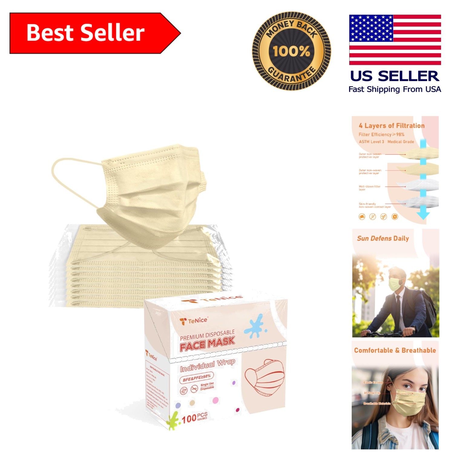100 Pack Disposable 4 Ply Face Masks – ASTM Level 3 Protection, Beige