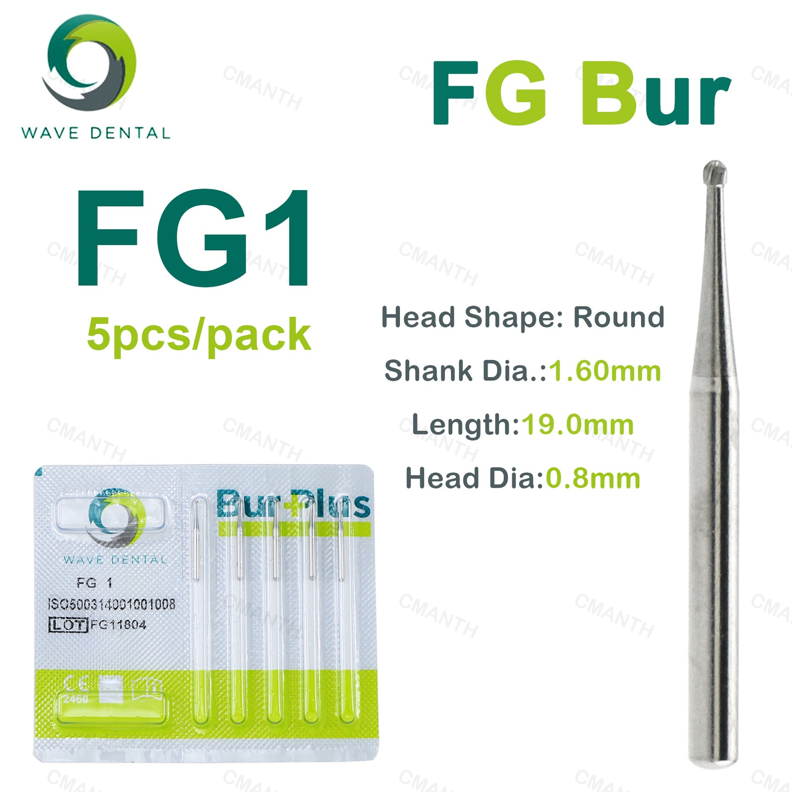 WAVE Dental Tungsten Carbide Burs Round Head FG High Speed Dia.1.6mm 5Pcs/Pack