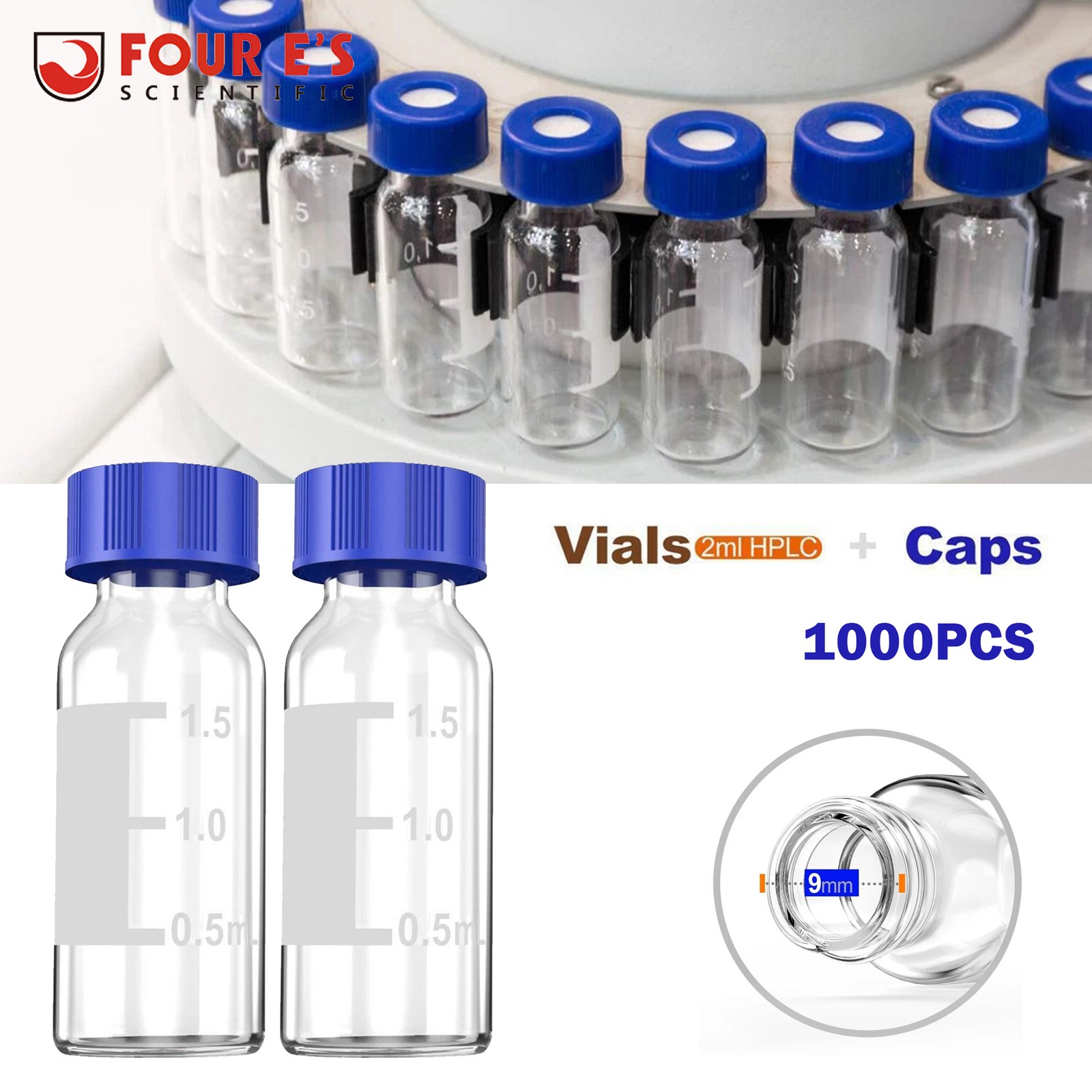 2mL HPLC Autosampler Vials, Lab vials 1000PCS 9-425 Glass Vials with Screw Caps