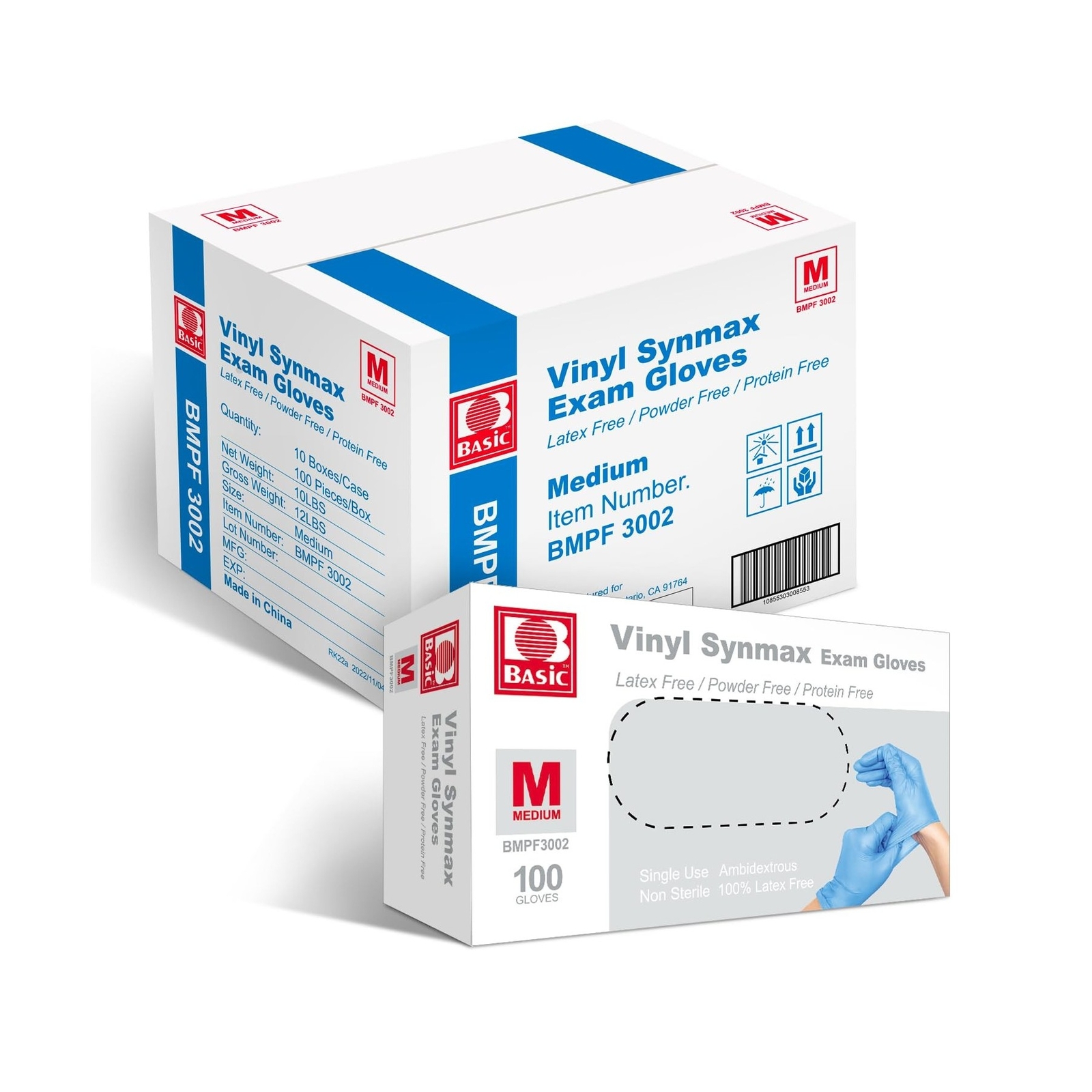 Basic Medical Synmax Vinyl Exam Gloves – Latex-Free & Powder-Free – Medium, B…