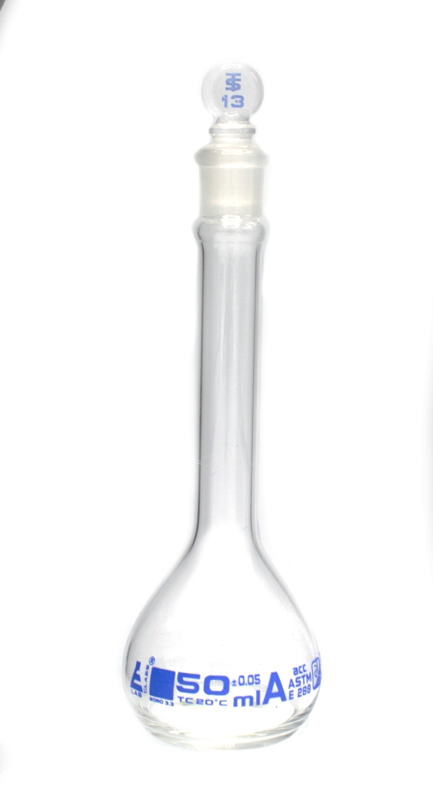 Eisco 50ml Volumetric Flask with Glass Stopper – ASTM, Class A, Blue Graduations