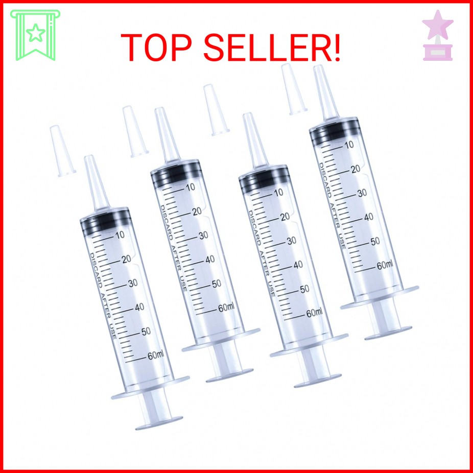 4 Pack 60mL Large Syringe for Liquid with Tip Cap, Plastic Liquid Syringes Indiv