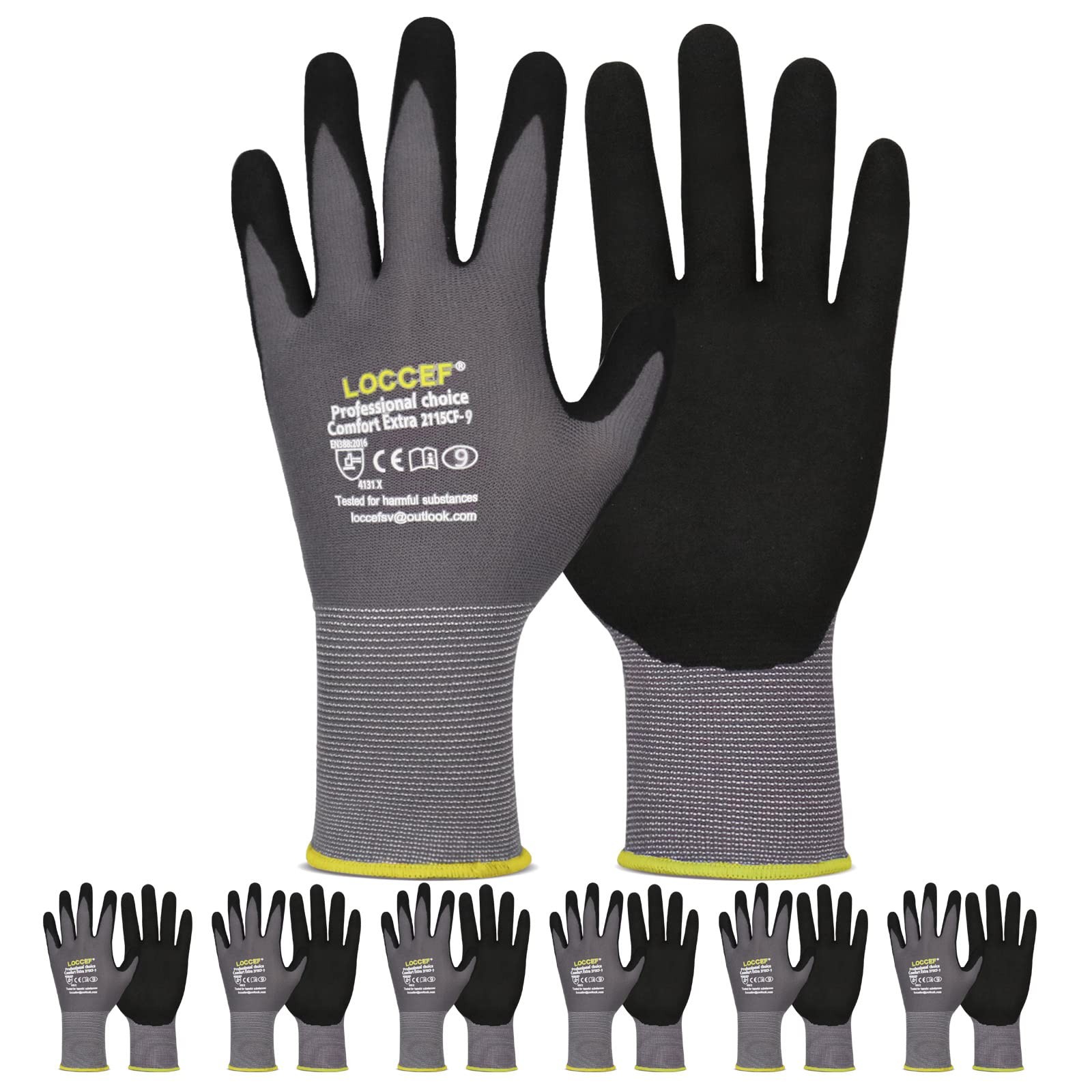 Loccef Work Gloves Microfoam Nitrile Coated-6 Pairsseamless Knit Nylon