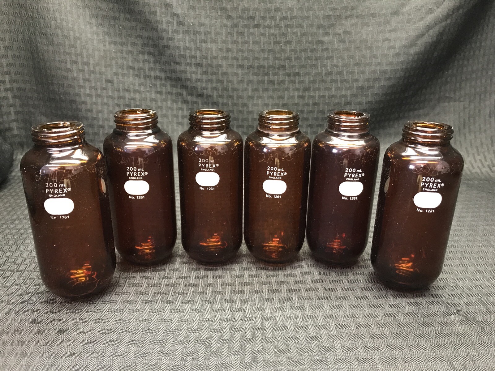 (6) PYREX 200mL Amber Glass Heavy Wall Centrifuge Bottle 38-400 Cap 1261-200