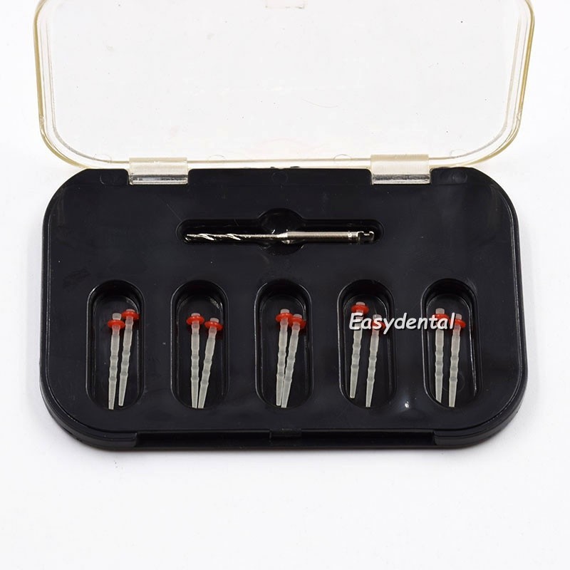 1.2mm Dental Oral Glass Screw Thread Resin Fiber Post Red Ring +1 Drill 10Pcs