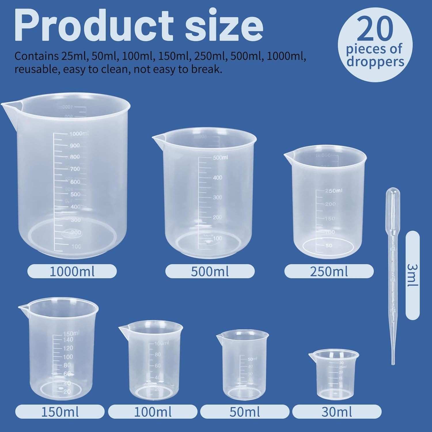 Durable 7 Sizes Clear Beaker Set: 30ml-1000ml with 20 Plastic Droppers Added