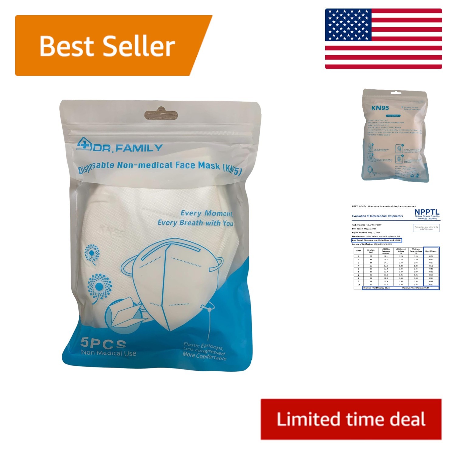 5 Layer KN95 Disposable Face Masks Pack – Snug Fit for Adults & Teens Daily Use