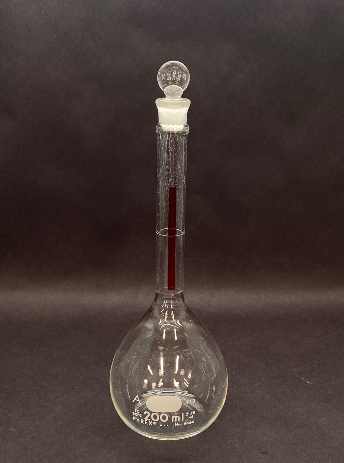 Corning Pyrex Glass 200mL Class A Lifetime Red TC Volumetric Flask #13 5660-200