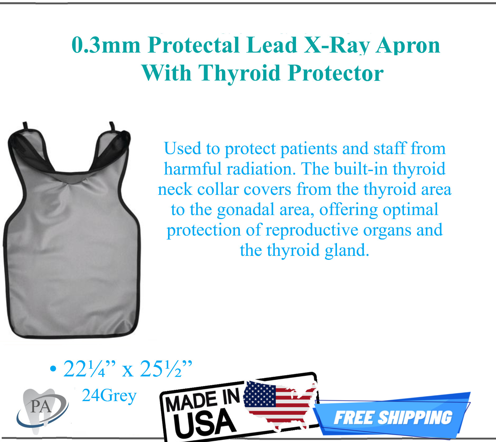 Medical Cling Shield Lead-Lined Protectall X-Ray Apron w/Neck Collar .3mm – Grey