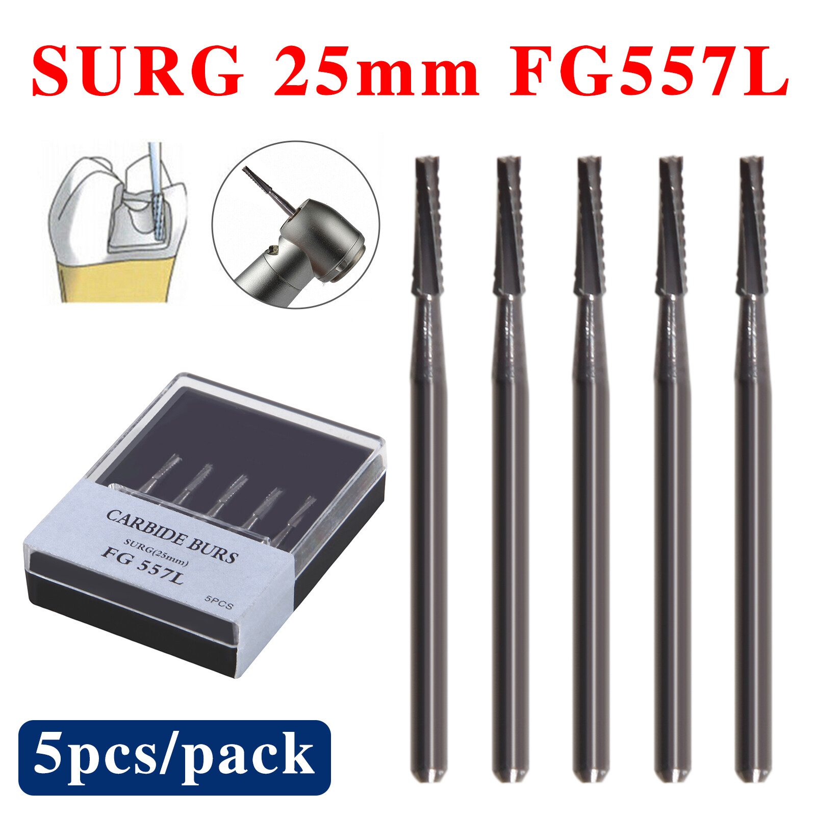 5PCS Carbide Surgical Burs FG 557L SURG 25mm Bur for High Speed Dental Handpiece