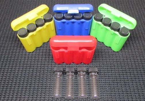 16 – 1 Dram Glass Vials With 4 Carrying Case Storage Case Green,Red,Blue,Gold
