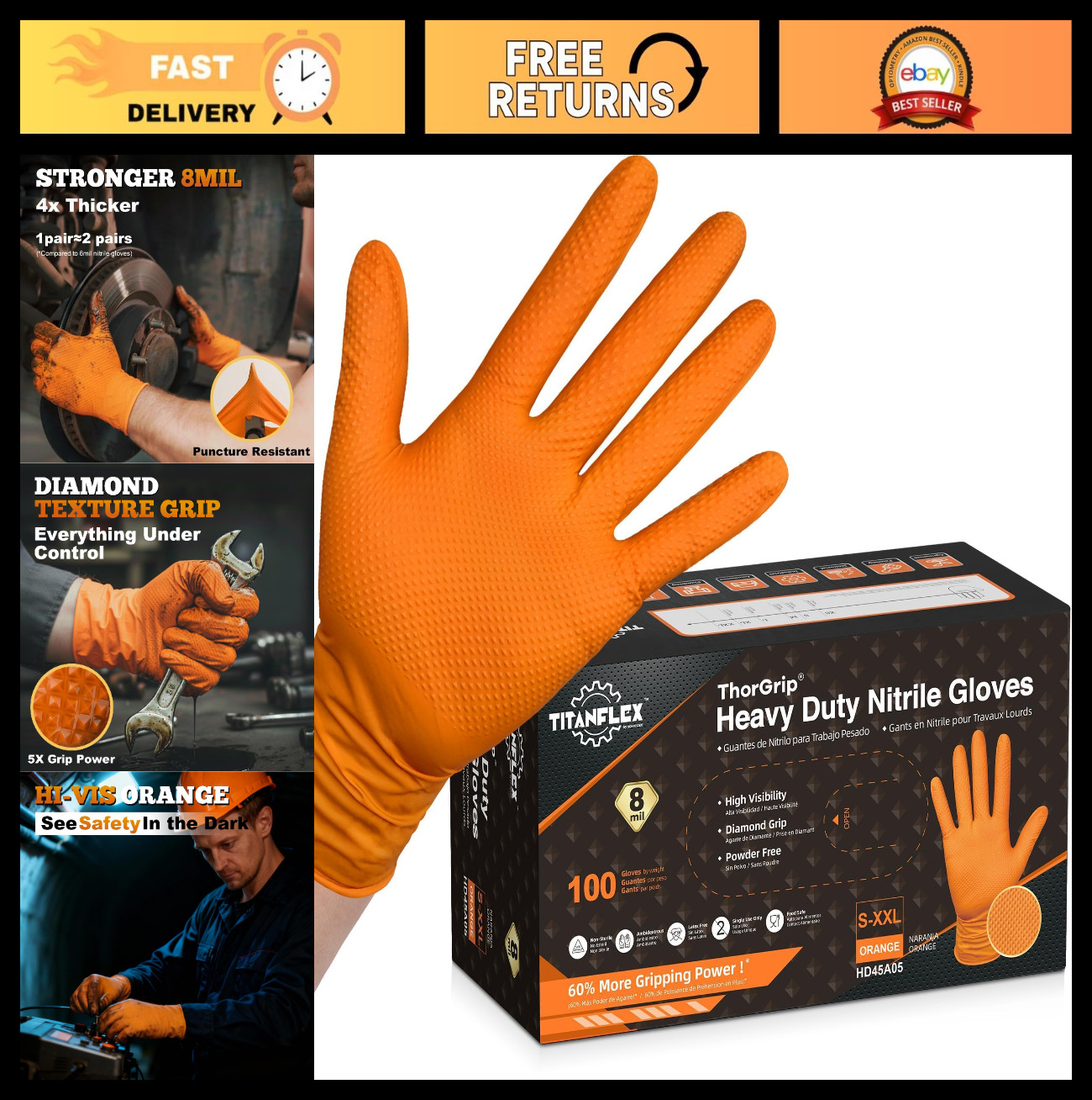 Heavy Duty Orange Nitrile Gloves – Industrial, Latex Free, Raised Diamond Textur