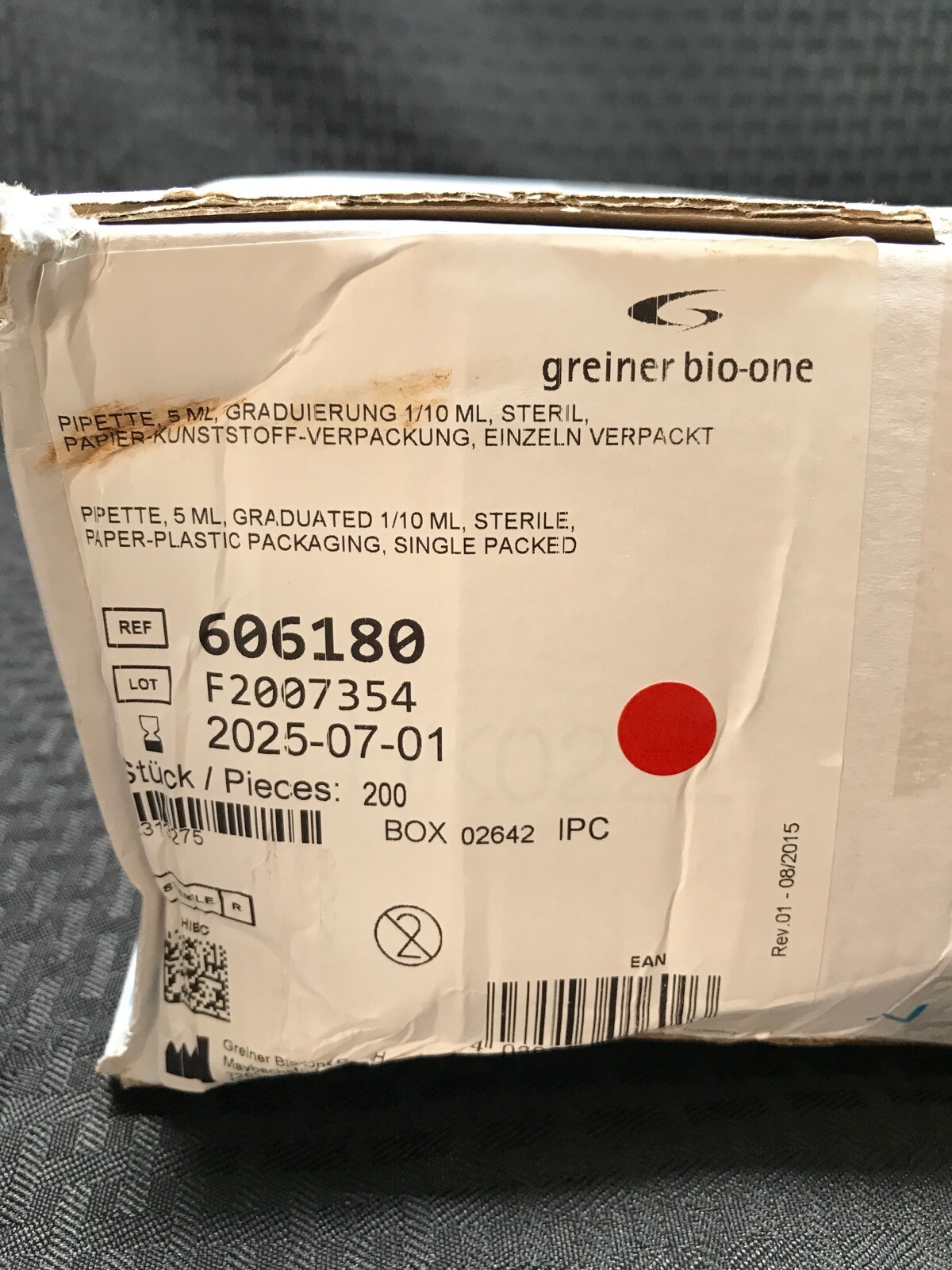 GREINER 5mL in 1/10 Cellstar PS Graduated TD Serological Pipette Sterile Plug